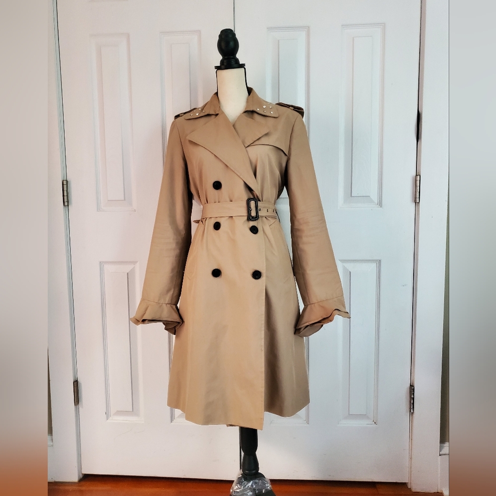C&C California Classic Tan Double-Breasted Trench Coat With Decorative Lapels